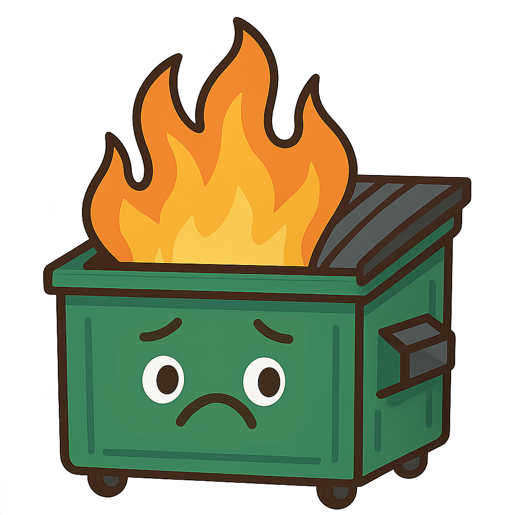 Smiling cartoon dumpster on fire.